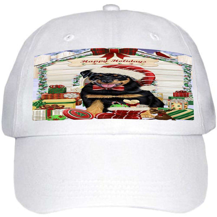 Happy Holidays Christmas Rottweiler Dog House With Presents Ball Hat Cap HAT60306