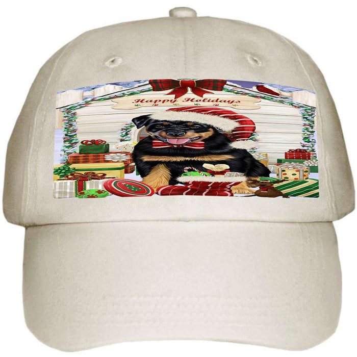 Happy Holidays Christmas Rottweiler Dog House With Presents Ball Hat Cap HAT60306