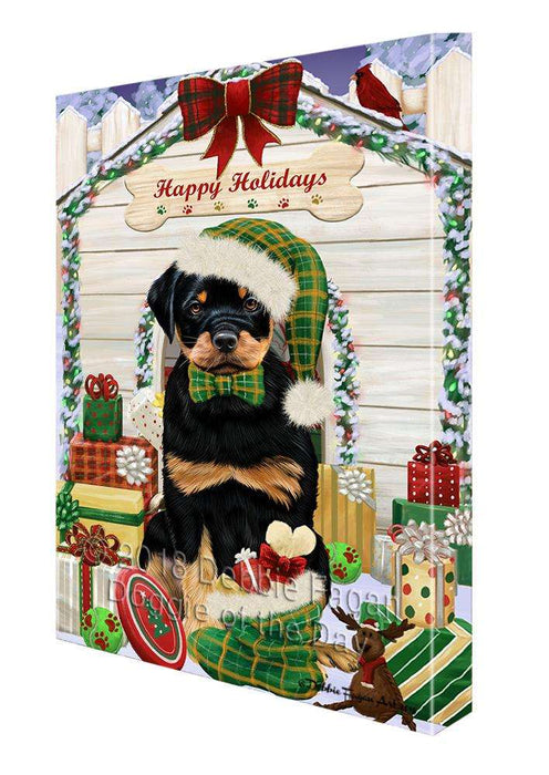 Happy Holidays Christmas Rottweiler Dog House With Presents Canvas Print Wall Art Décor CVS86489