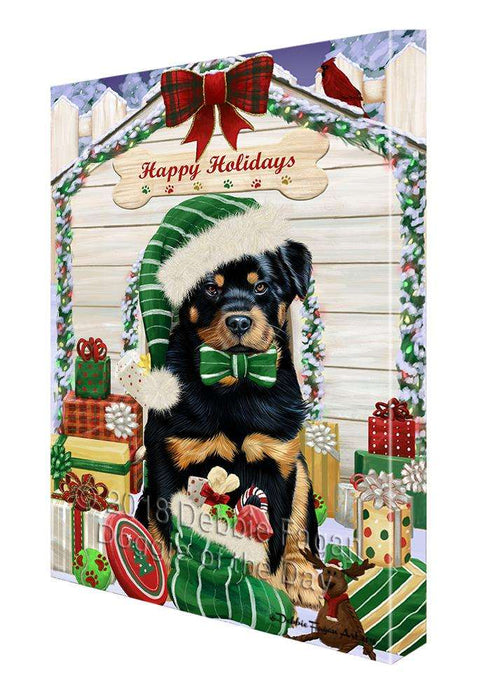 Happy Holidays Christmas Rottweiler Dog House With Presents Canvas Print Wall Art Décor CVS86498