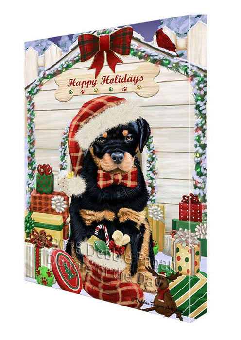 Happy Holidays Christmas Rottweiler Dog House With Presents Canvas Print Wall Art Décor CVS86507