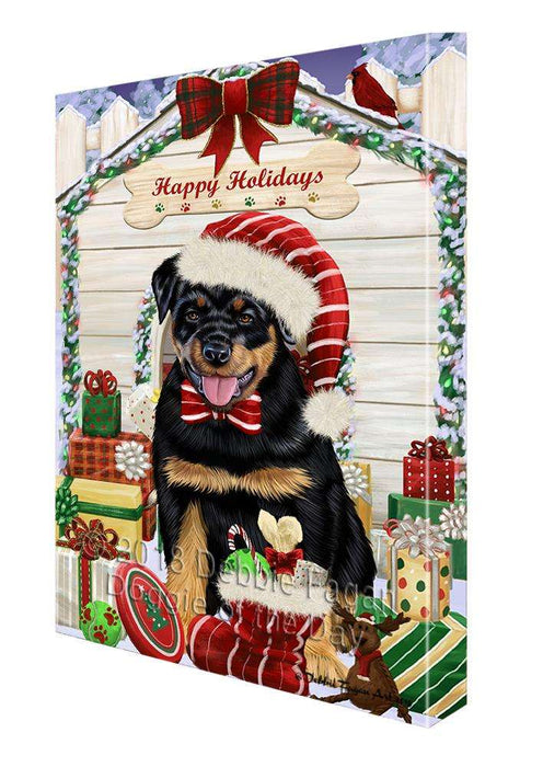 Happy Holidays Christmas Rottweiler Dog House With Presents Canvas Print Wall Art Décor CVS86516