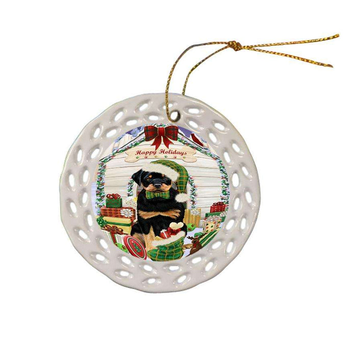 Happy Holidays Christmas Rottweiler Dog House With Presents Ceramic Doily Ornament DPOR52136