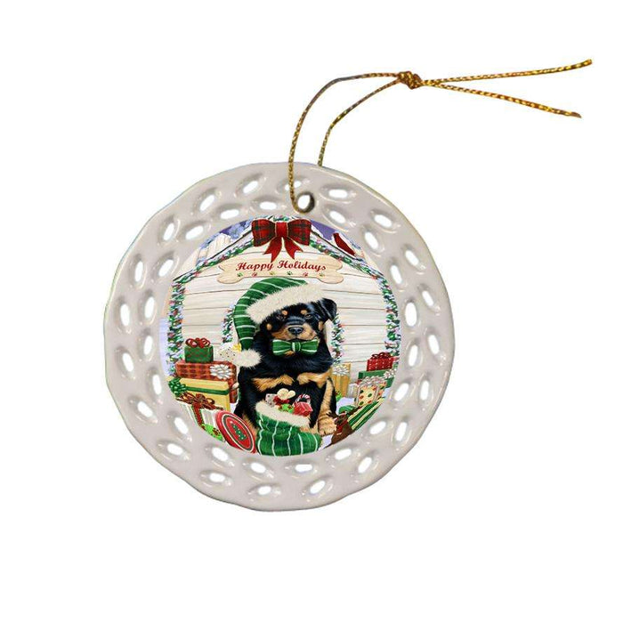 Happy Holidays Christmas Rottweiler Dog House With Presents Ceramic Doily Ornament DPOR52137