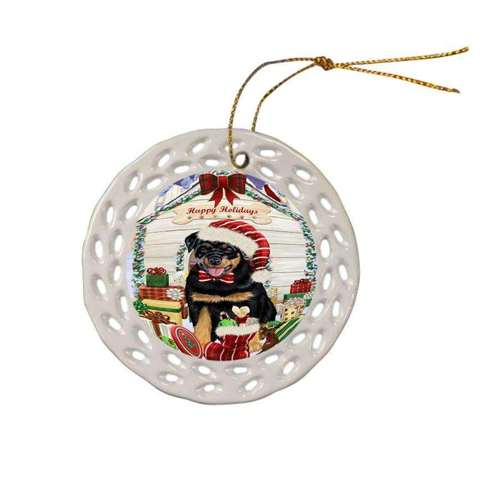 Happy Holidays Christmas Rottweiler Dog House With Presents Ceramic Doily Ornament DPOR52139