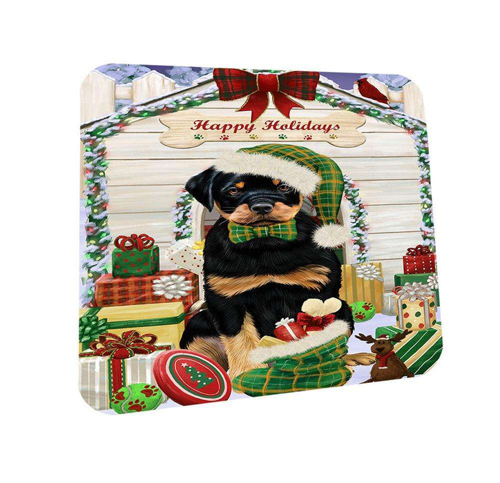 Happy Holidays Christmas Rottweiler Dog House With Presents Coasters Set of 4 CST52095