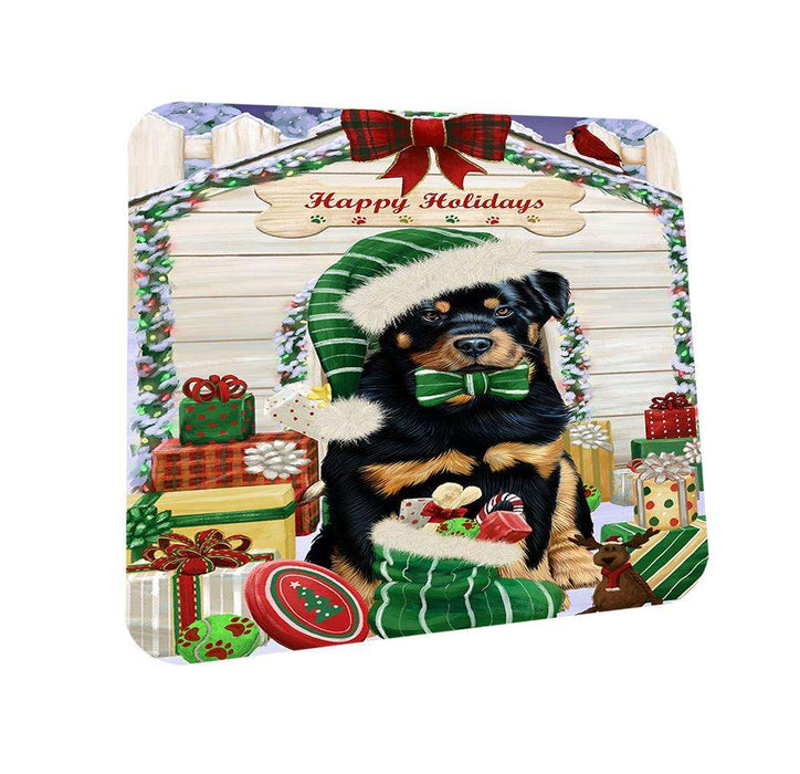 Happy Holidays Christmas Rottweiler Dog House With Presents Coasters Set of 4 CST52096