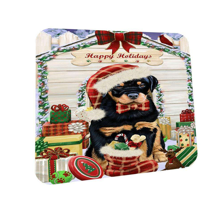 Happy Holidays Christmas Rottweiler Dog House With Presents Coasters Set of 4 CST52097