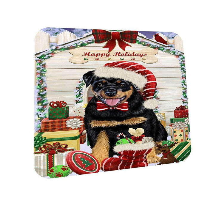 Happy Holidays Christmas Rottweiler Dog House With Presents Coasters Set of 4 CST52098