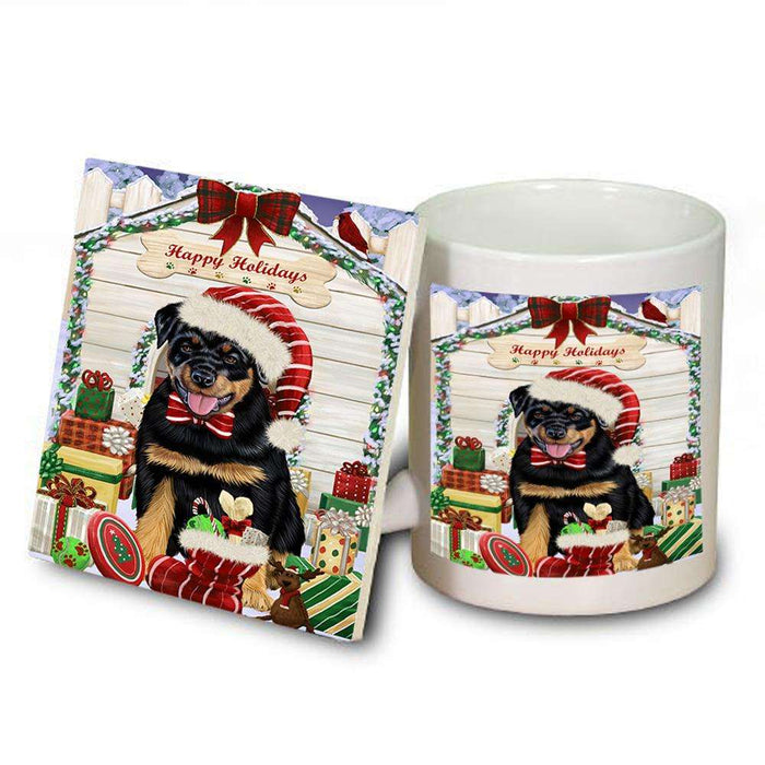 Happy Holidays Christmas Rottweiler Dog House With Presents Mug and Coaster Set MUC52131