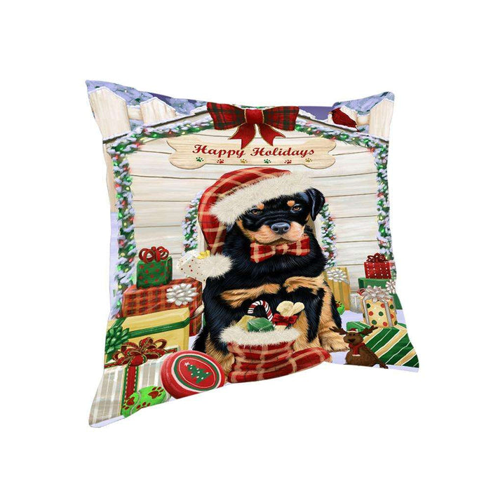 Happy Holidays Christmas Rottweiler Dog House With Presents Pillow PIL64916