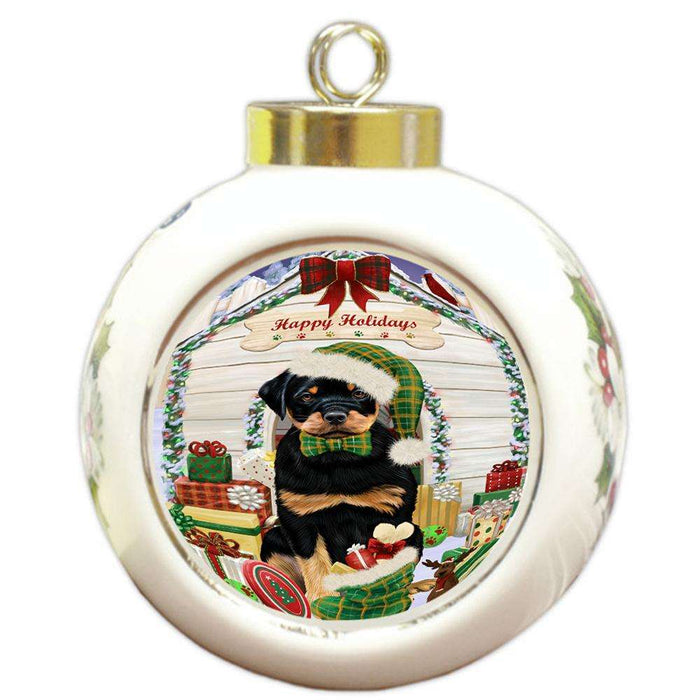 Happy Holidays Christmas Rottweiler Dog House With Presents Round Ball Christmas Ornament RBPOR52136