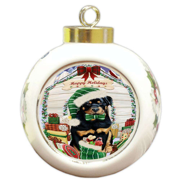 Happy Holidays Christmas Rottweiler Dog House With Presents Round Ball Christmas Ornament RBPOR52137