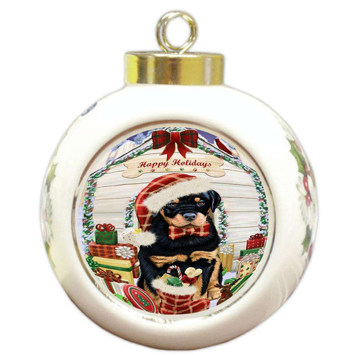 Happy Holidays Christmas Rottweiler Dog House With Presents Round Ball Christmas Ornament RBPOR52138