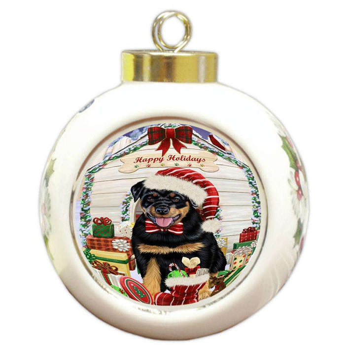 Happy Holidays Christmas Rottweiler Dog House With Presents Round Ball Christmas Ornament RBPOR52139