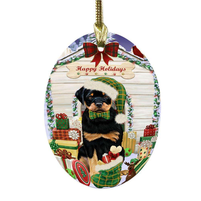 Happy Holidays Christmas Rottweiler House With Presents Oval Glass Christmas Ornament OGOR49938