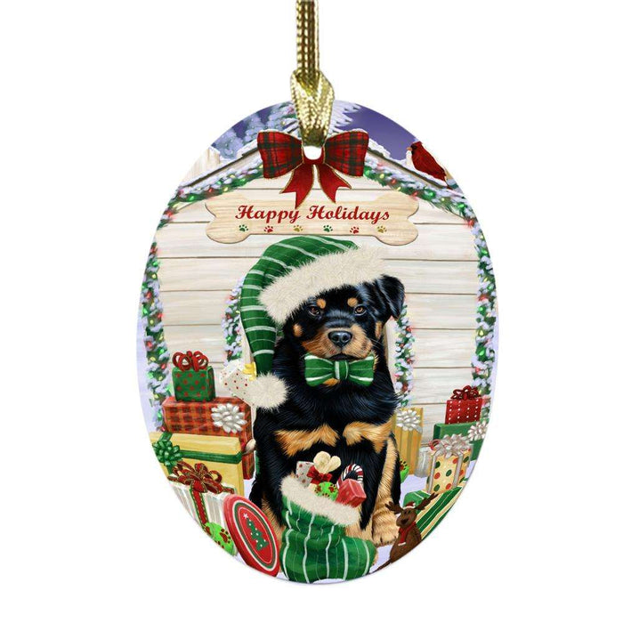Happy Holidays Christmas Rottweiler House With Presents Oval Glass Christmas Ornament OGOR49939