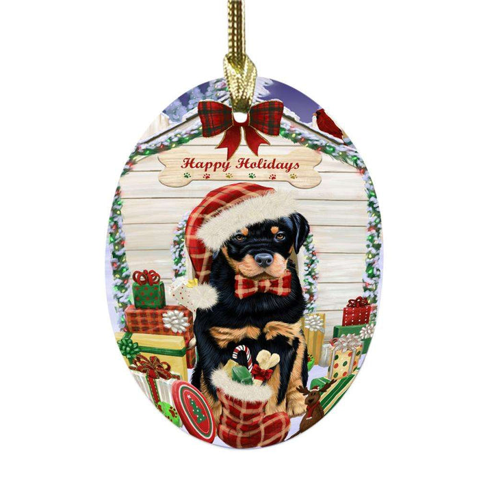 Happy Holidays Christmas Rottweiler House With Presents Oval Glass Christmas Ornament OGOR49940