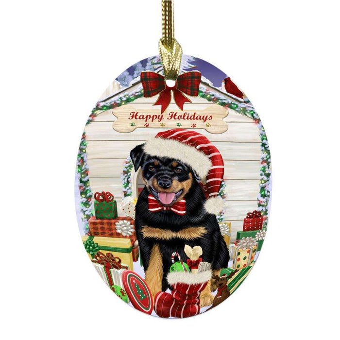 Happy Holidays Christmas Rottweiler House With Presents Oval Glass Christmas Ornament OGOR49941