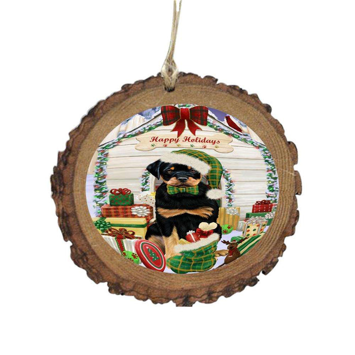 Happy Holidays Christmas Rottweiler House With Presents Wooden Christmas Ornament WOR49938