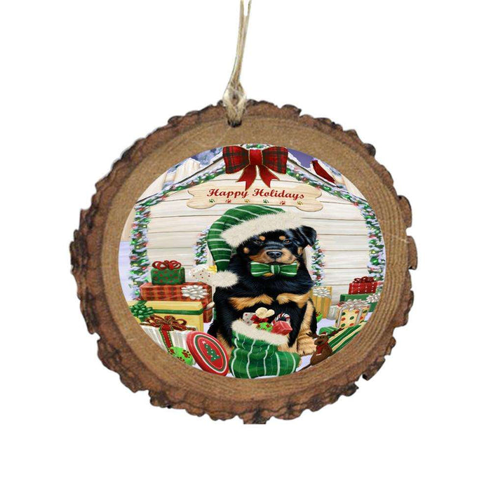 Happy Holidays Christmas Rottweiler House With Presents Wooden Christmas Ornament WOR49939