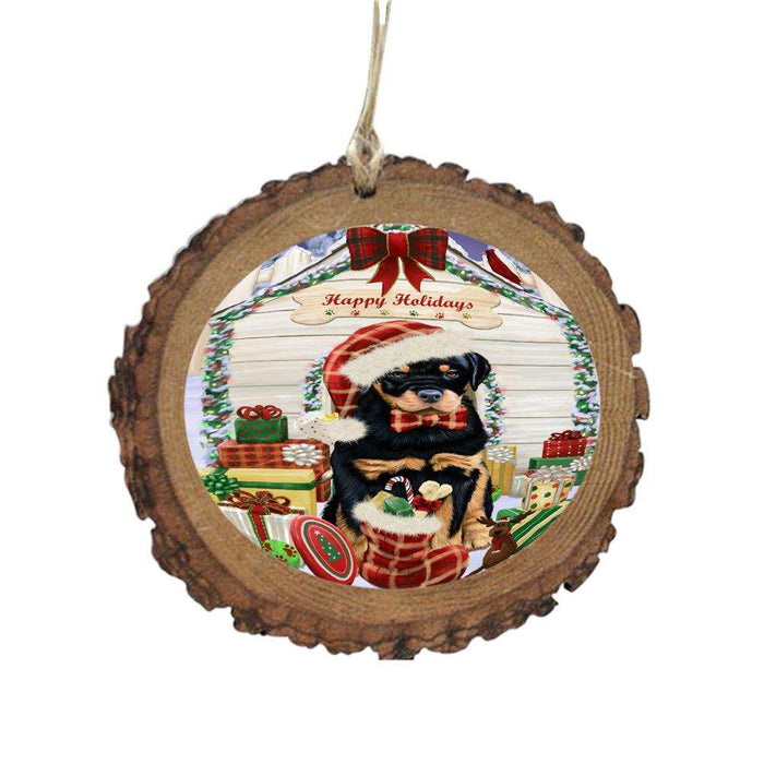 Happy Holidays Christmas Rottweiler House With Presents Wooden Christmas Ornament WOR49940