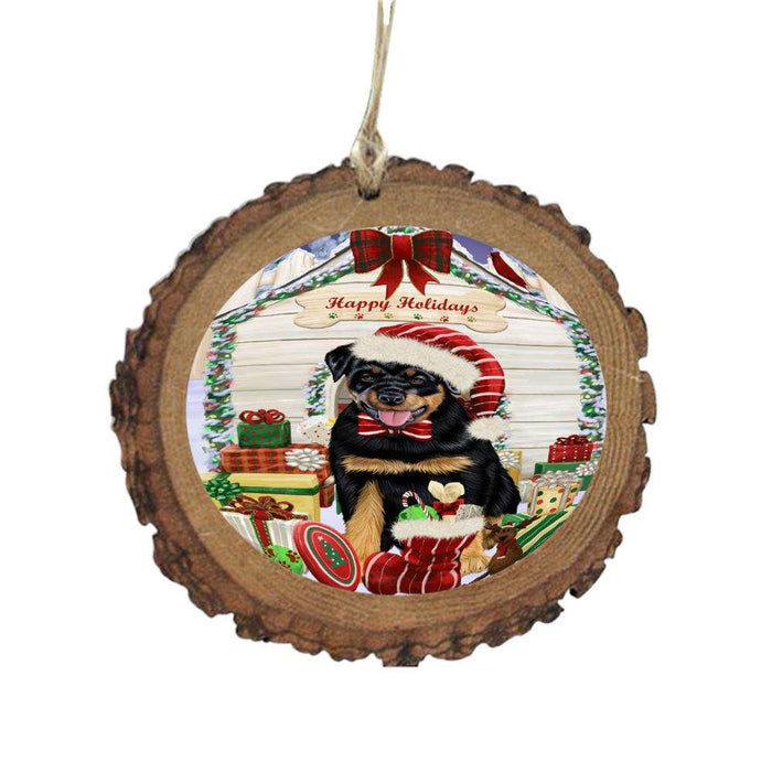 Happy Holidays Christmas Rottweiler House With Presents Wooden Christmas Ornament WOR49941