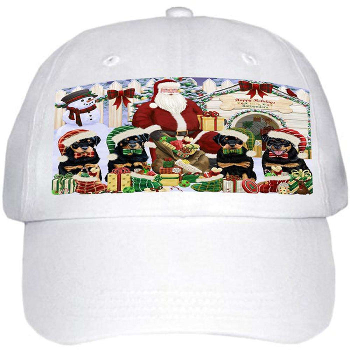 Happy Holidays Christmas Rottweilers Dog House Gathering Ball Hat Cap HAT60171