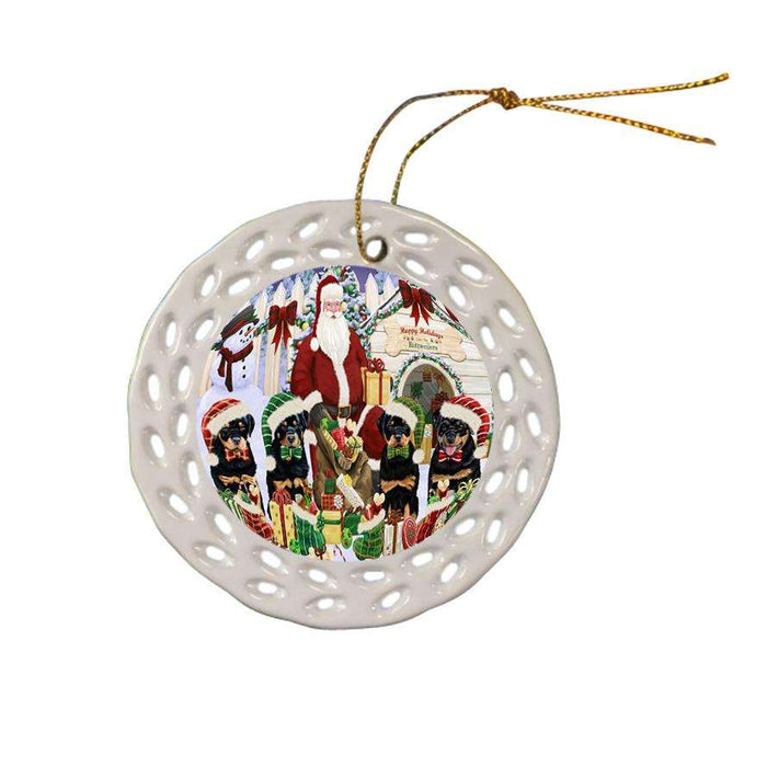 Happy Holidays Christmas Rottweilers Dog House Gathering Ceramic Doily Ornament DPOR52094