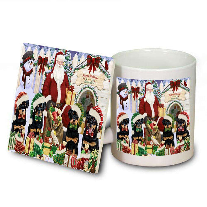 Happy Holidays Christmas Rottweilers Dog House Gathering Mug and Coaster Set MUC52086