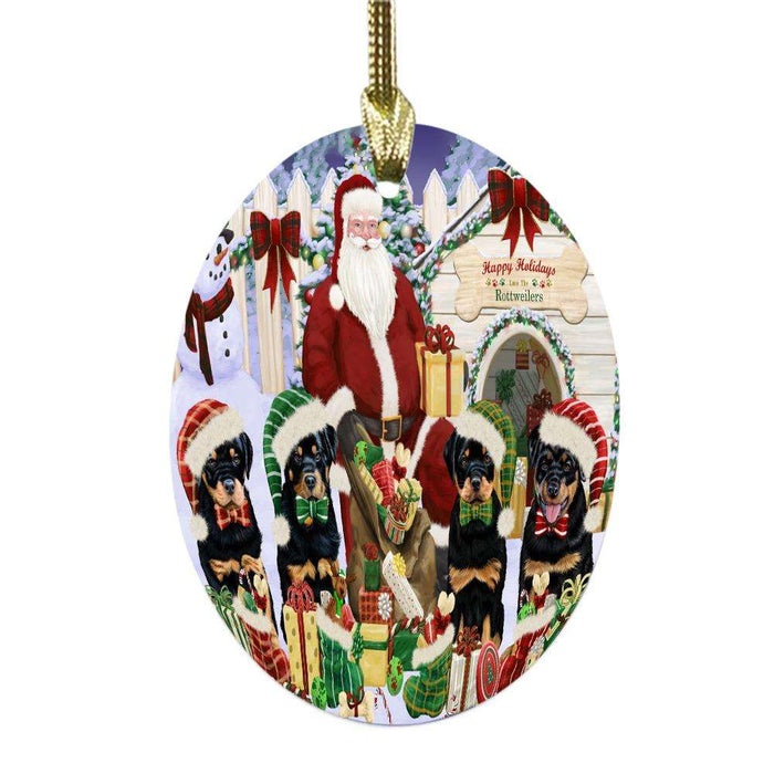 Happy Holidays Christmas Rottweilers Dog House Gathering Oval Glass Christmas Ornament OGOR49721