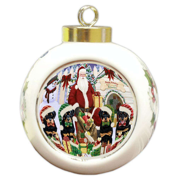 Happy Holidays Christmas Rottweilers Dog House Gathering Round Ball Christmas Ornament RBPOR52094