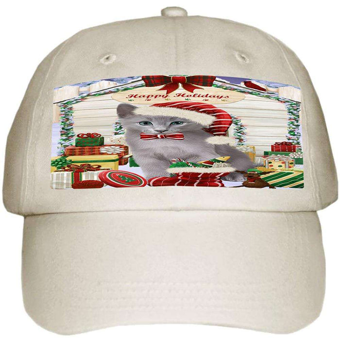 Happy Holidays Christmas Russian Blue Cat With Presents Ball Hat Cap HAT61776