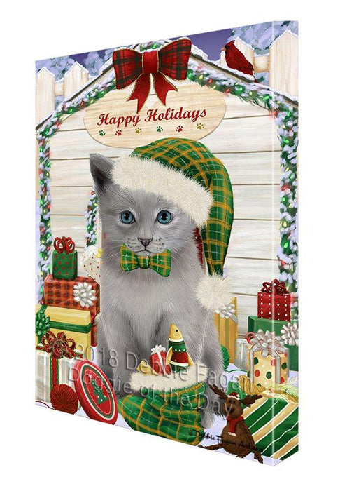 Happy Holidays Christmas Russian Blue Cat With Presents Canvas Print Wall Art Décor CVS90899