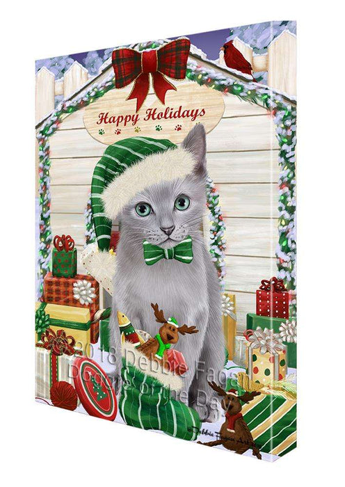 Happy Holidays Christmas Russian Blue Cat With Presents Canvas Print Wall Art Décor CVS90908