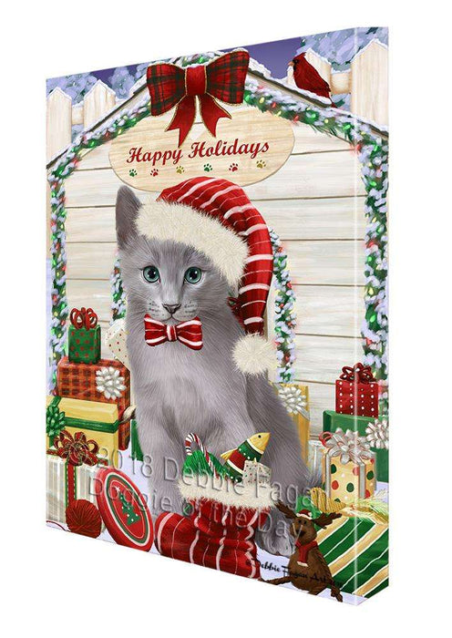 Happy Holidays Christmas Russian Blue Cat With Presents Canvas Print Wall Art Décor CVS90926