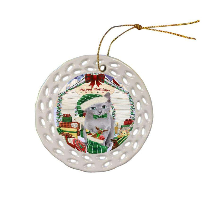 Happy Holidays Christmas Russian Blue Cat With Presents Ceramic Doily Ornament DPOR52679
