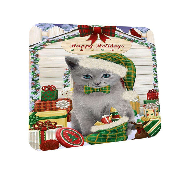 Happy Holidays Christmas Russian Blue Cat With Presents Coasters Set of 4 CST52637