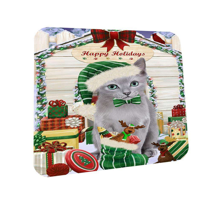 Happy Holidays Christmas Russian Blue Cat With Presents Coasters Set of 4 CST52638