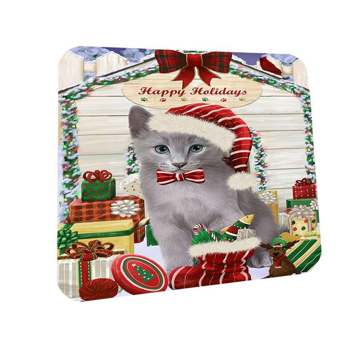 Happy Holidays Christmas Russian Blue Cat With Presents Coasters Set of 4 CST52640