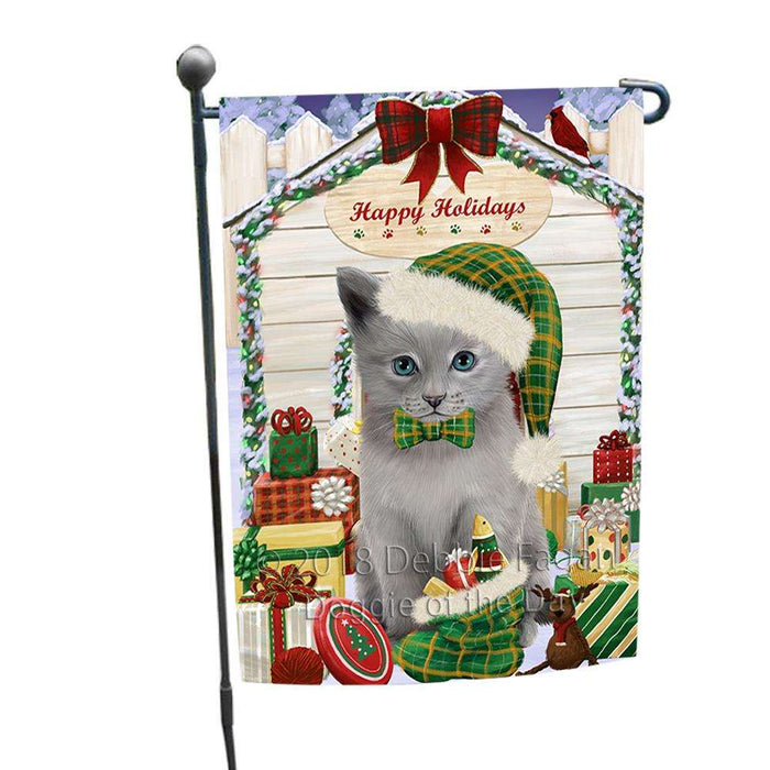 Happy Holidays Christmas Russian Blue Cat With Presents Garden Flag GFLG52623