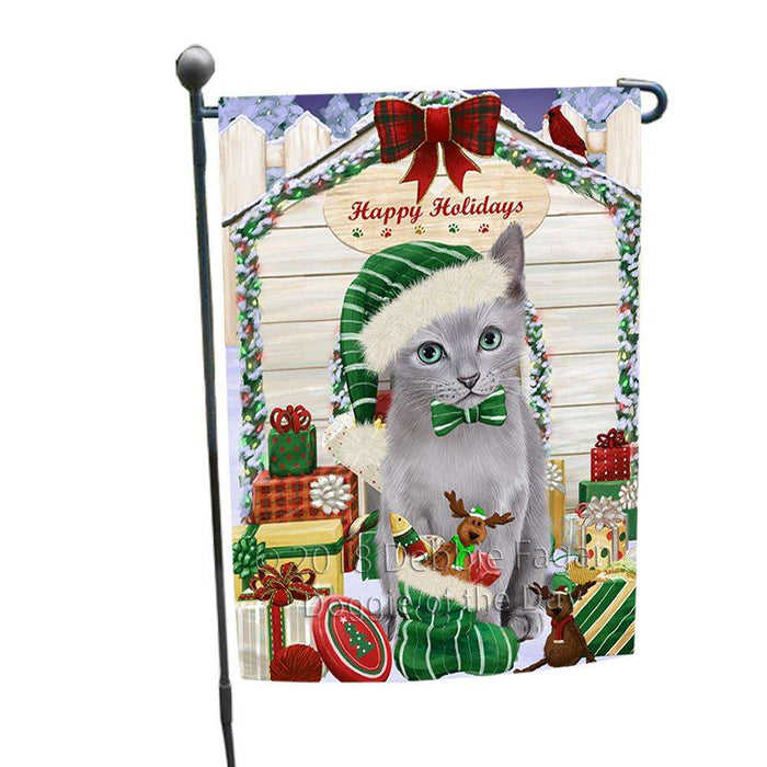 Happy Holidays Christmas Russian Blue Cat With Presents Garden Flag GFLG52624