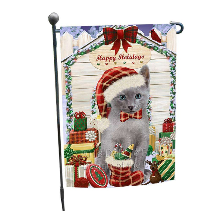 Happy Holidays Christmas Russian Blue Cat With Presents Garden Flag GFLG52625