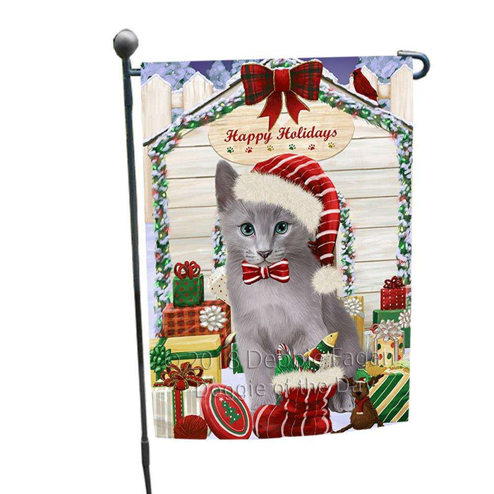 Happy Holidays Christmas Russian Blue Cat With Presents Garden Flag GFLG52626