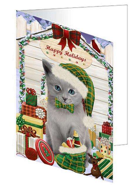 Happy Holidays Christmas Russian Blue Cat With Presents Handmade Artwork Assorted Pets Greeting Cards and Note Cards with Envelopes for All Occasions and Holiday Seasons GCD62063