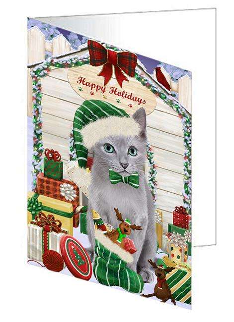 Happy Holidays Christmas Russian Blue Cat With Presents Handmade Artwork Assorted Pets Greeting Cards and Note Cards with Envelopes for All Occasions and Holiday Seasons GCD62066