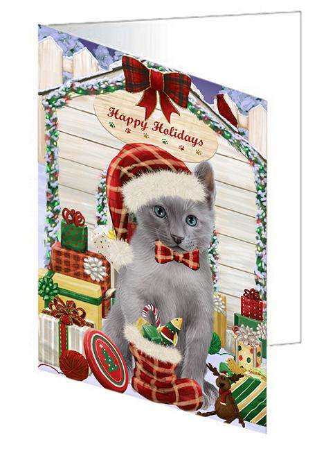 Happy Holidays Christmas Russian Blue Cat With Presents Handmade Artwork Assorted Pets Greeting Cards and Note Cards with Envelopes for All Occasions and Holiday Seasons GCD62069