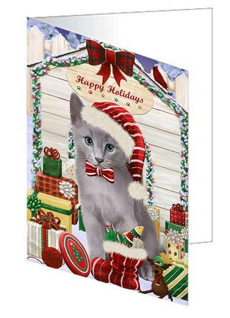 Happy Holidays Christmas Russian Blue Cat With Presents Handmade Artwork Assorted Pets Greeting Cards and Note Cards with Envelopes for All Occasions and Holiday Seasons GCD62072