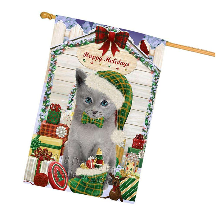 Happy Holidays Christmas Russian Blue Cat With Presents House Flag FLG52759