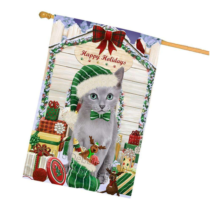 Happy Holidays Christmas Russian Blue Cat With Presents House Flag FLG52760